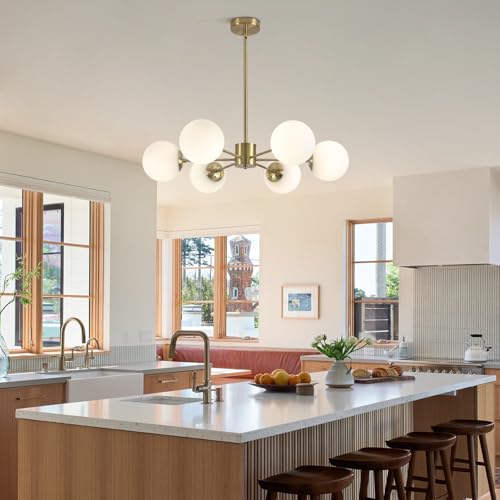 KCO Lighting Sputnik Vintage Gold Living Room Chandelier with 6 White Glass Globes, Minimalist Pendant Light 6 Lights with Adapter for Kitchen, Bedroom
