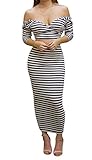 Kearia Womens Off Shoulder Stripe Two Piece Bodycon Dress Crop Top And Midi Skirt