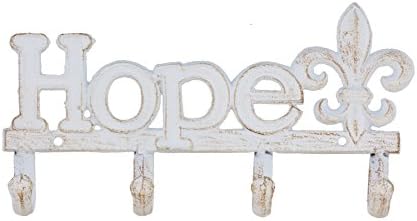 Decorative 10" Cast Iron Hope Fleur De Lis 4 Peg Wall Hook