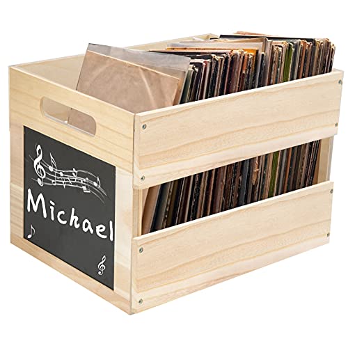 Apipi Handled Wooden Record Crate with Chalkboard Retro Rustic Wood