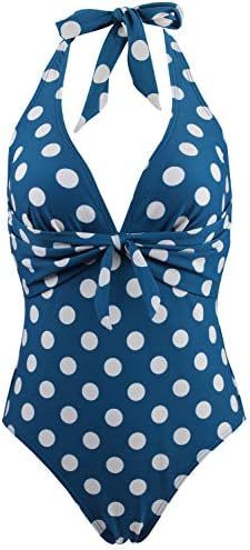 Balasami Women's Halter V Neck Tropical Lemon Polka Dots Printed Vintage One Piece Bow Tie High Leg Swimsuits