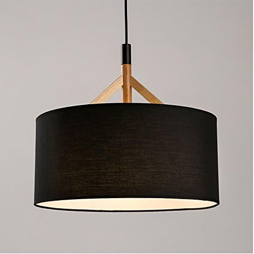 Black Fabric Pendant Lighting for Dining Room, D 15.7 INCH, Wood Hanging Lights Fixture, 1-Light