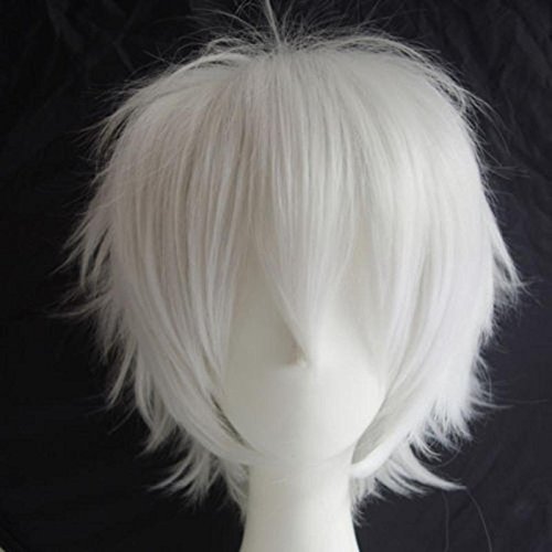 Short Fluffy Anime Wigs for Women Men 21 colors Spiky Unisex Comic Wigs with Oblique Bangs for Halloween Cosplay Costume Party(White)