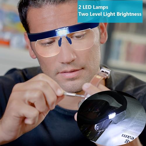 Magnifying Lens with LED Light for Hobbist Reading, Usb Rechargeable Eyeglasses Head-Mounted Magnification 5 x 3.5 x 2.5 x 1.5 x Professional for Elderly Visually Impaired Hands Free