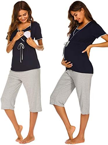pehie Women's Maternity Nursing Pajama Soft Hospital Sleepwear Set Cotton Short Sleeve Pregnancy Breastfeeding PJ S-XXL