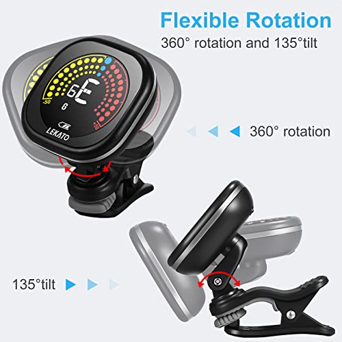 LEKATO Guitar Tuner Rechargeable, Clip-on Chromatic Tuner with Color Screen for Acoustic/Electric Guitar, Bass, Ukulele, Violin, Bright Display