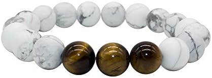 Bivei Mens Womens Natural Real White Howlite Gemstone Beads Elastic Bracelets W/3 Tiger Eye Stones - Stress Relief, Calm, Yoga Meditation, Crystal Healing (Yellow Tiger Eye)