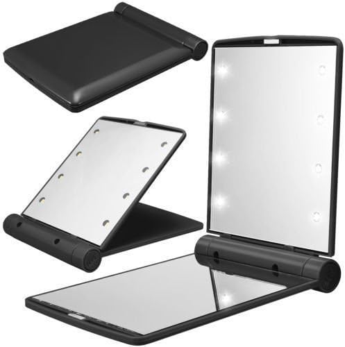 O3D Black Pocket Mini LED Make Up Mirror Cosmetic Mirror Folding Portable Compact Pocket Gift