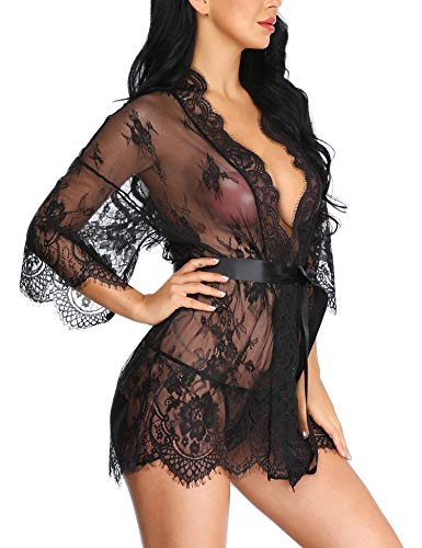 LALAVAVA Women Sexy Robe Lingerie Set Lace Flower Kimono Babydoll Short Nightgown (Black, M)