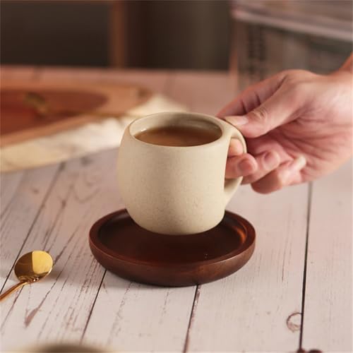 8oz Ceramic Coffee Mug with Acacia Wood Saucer, 240 ml Espresso Cups Set for Latte, Cappuccino, Tea, Unglazed Porcelain Arty Coffee Cup for Home or Office