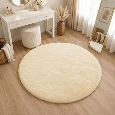 Alfombra Pelo Largo, Shaggy Moderna Alfombras Salón, Suave, Antideslizante, No Pierde Pelo Alfombra para Dormitorio, Habitacion, Crema, Redondo 100CM