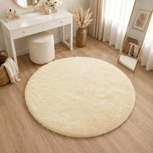 Hochflor Teppich Flauschig Creme Teppich Wohnzimmer Rund 100CM Teppiche Schlafzimmer Anti-Rutsch Bettvorleger Teppiche Weich rutschfest für Kinderzimmer