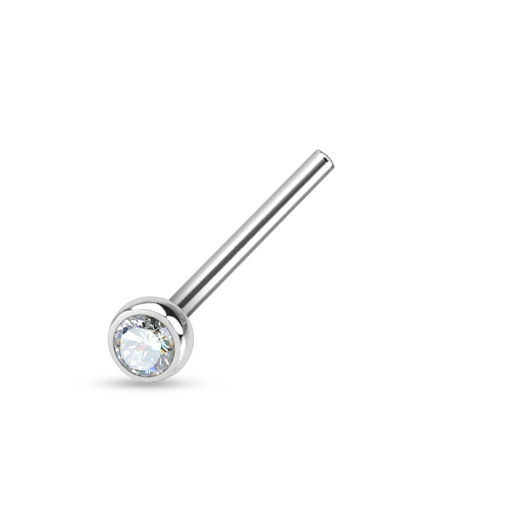 PiercedOff 316L Surgical Steel 1mm Fishtail Nose Stud with 2mm Clear CZ Gem - Length 12mm