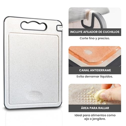 Tabla de Cortar Acero Inoxidable 304 Antibacteriana 35x25 cm | 3 en 1 con Afilador, Rallador y Canal Antiderrame | Doble Cara | Cuchillo Profesional + eBook 100 Recetas Mediterráneas