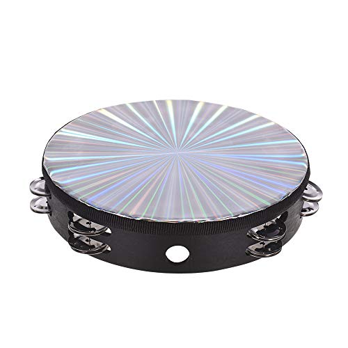Muslady 8 inch /10 inch Wooden Radiant Tambourine Handbell Hand Drum with Double Row Jingles Reflective Drum Head Percussion Instrument Musical Toy