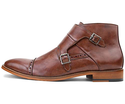 Amali Mens Dress Shoe Double Monk Strap Cap Toe Demi Boot with Inside Zipper, Style Caper Cognac