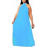 Aro Lora Womens Casual Sleeveless Plus Size Chiffon Halter Neck Pleated Loose Long Maxi Dress
