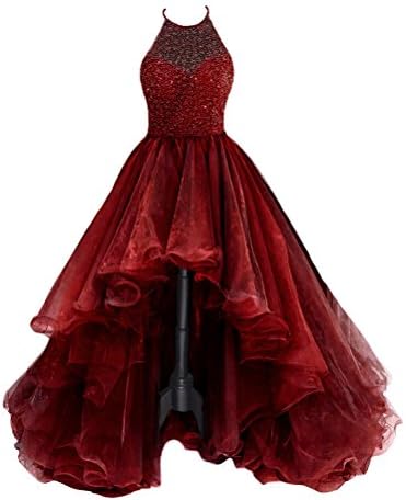 Women's High Low Beading Champagne Organza Halter Prom Dresses