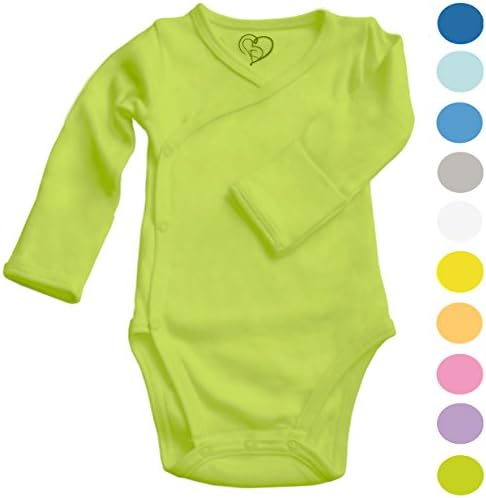Boys Girls Baby Onesie made with Organic Cotton - Long Sleeve Kimono Style with Side Snaps Bodysuit and Gloved Sleeve - Green 3M