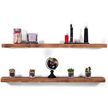 DAKODA LOVE Weathered Edge Floating Shelves | USA Handmade | Wall Mounted Hidden Single Bar Floating Shelf Bracket | Farmhouse Rustic Pine Wood | Set of 2 (Buckskin, 36