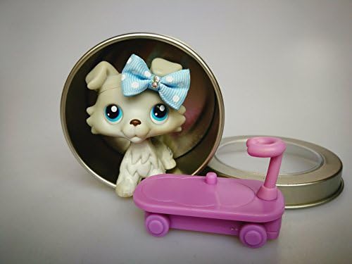 Miniature LPS Pet Shop Littlest Grey Collie Dog Puppy with Accessories Bow with Carry Box Rare Collection Cute Animal Toy Kids Girl Boy Gift #363