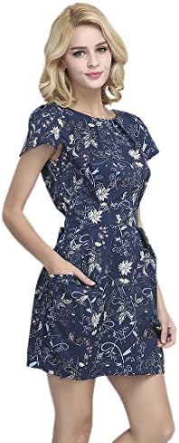 FCLM Women's Short Sleeve Slim Casual Party Dress With Belt Above Knee M Blue ED46