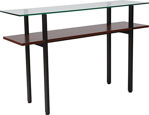 Contemporary Sleek Design Modern Glass Console Table with Walnut Finish Shelf