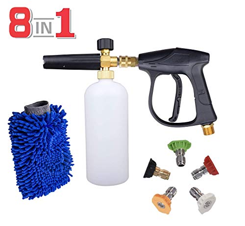 AYAOQIANG Car Wash Pressure Washer Adjustable Foam Cannon 1 Liter Bottle, 1/4 Quick Connector Foam Blaster for Pressure Washer Gun,5 Pressure Washer Nozzles for Cleaning with Glove