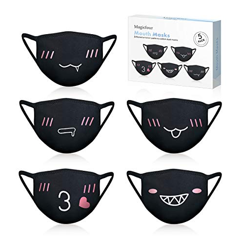 Magicfour Mouth Masks,5Pack Kawaii Muffle Mask,Anti Dust Cute Kaomoji Face Mask Black Cotton Masks for Boys Girls