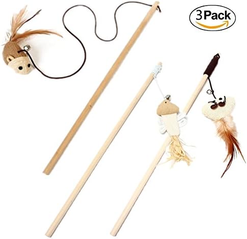 Cat Wood Wand Teaser Toy ,Best Cat Catcher Mice Natural Sisal Wand Teasers with Bell,Feather on Elastic String Keep Your Kittens Jumping and Pouncing (3 PCS)