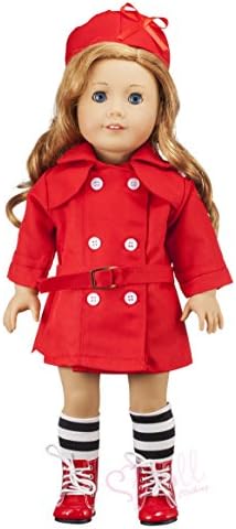 Doll Clothing Set for American Girl And Other 18 Inch Dolls - 3 Piece Outfit - Red Trench Coat and Matching Hat with Black and White Striped Socks - Fashion Doll Clothes by Modoll
