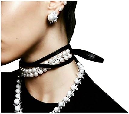 VNAS Punk Gothic Long Chain Necklaces 2 Row Pearl PU Choker Necklace (Black)