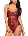 ADOME Womens Valentines Day One Piece Lingerie Lace Fishnet Teddy Bodysuit Mesh Babydoll Romper Jumpsuit Dark Red S