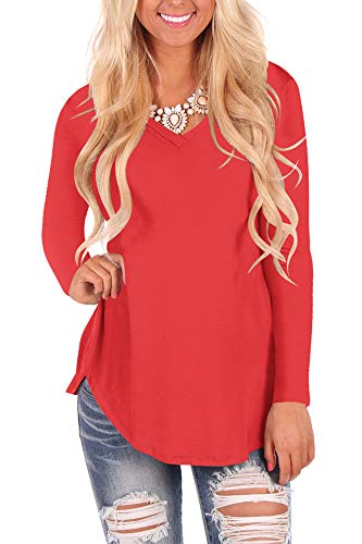 Women's Loose Curved Hem V Neck T-Shirts Solid Color Red L