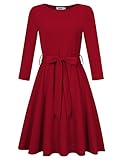 MISSKY Women Round Neck 3 4 Long Sleeve Fit and Flare Casual Cocktail Swing Summer Dress With Waistbrand Red XL