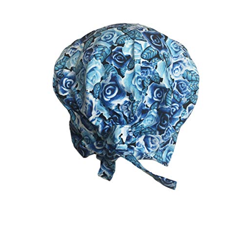 Women's Front Fold Tie Back Scrub Cap Surgical Cap Blue Roses