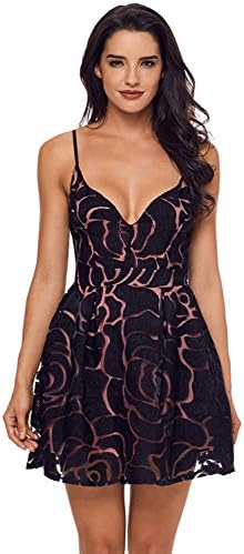 Lucklovell Women Sexy Black Rose Lace Illusion Sexy Skater Dress ((US 4-6)S, Black)