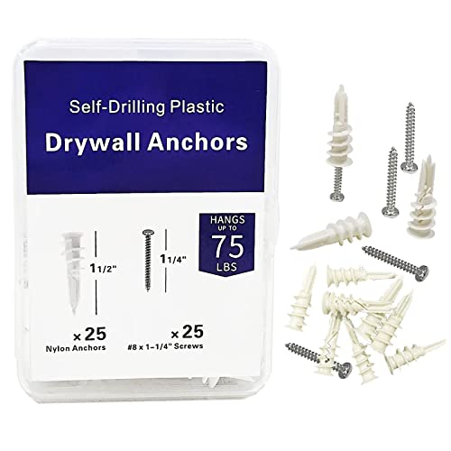 #8 Self Drilling Drywall Anchors and Screws Kit, 50pcs Wall Anchors and Screws for Drywall, 8 x 1-1/4