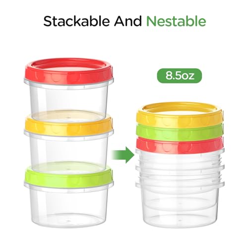 VINATO 18Pcs Food Containers, 250ml Small Plastic Jars with Caps, Set of Plastic Boxes in Red, Green & Orange, Freezer Containers, Stackable