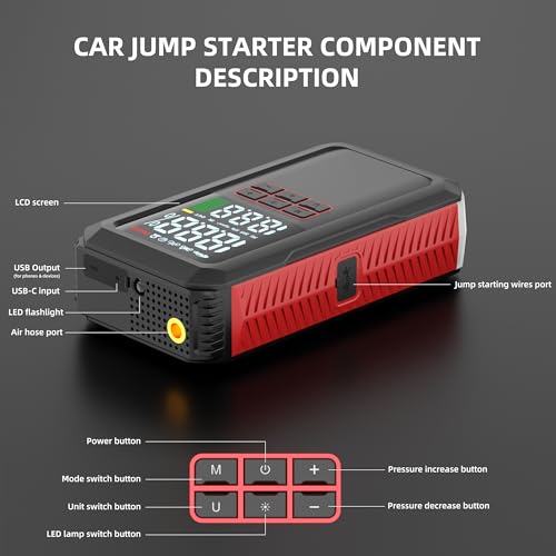 5000A Car Battery Jump Starter with Air Compressor 160PSI, Portable Battery Jumper Starter 7.0L Gas/6.0L Diesel, Jumper Box for Car Battery, Jumper Cables, Power Bank & Light