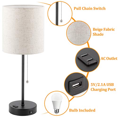 Set of 2 Bedside Lamp, 2700K5000K USB Table Lamp with Pull Chain