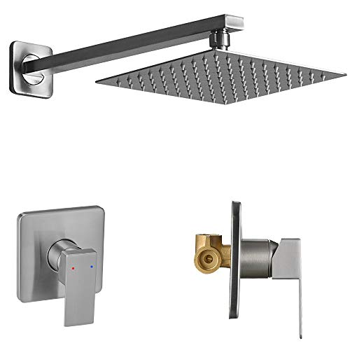 Photo 1 of Heable Shower Faucet Set Brushed Nickel, Single Function Shower Trim Kit with Rough-in Valve, Square Rain Shower Head System Included Extra Long Shower Arm for Bathroom