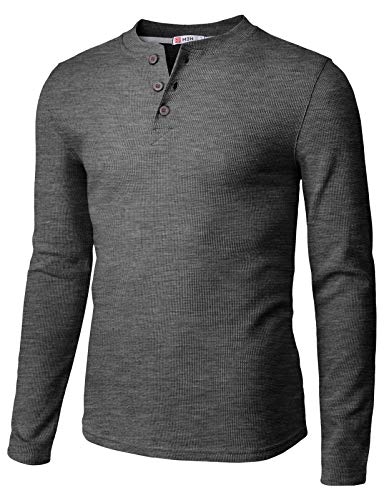 H2HMen's Casual Slim Fit Henley Cotton Shirts Long Sleeve Lightweight Waffle Fabric