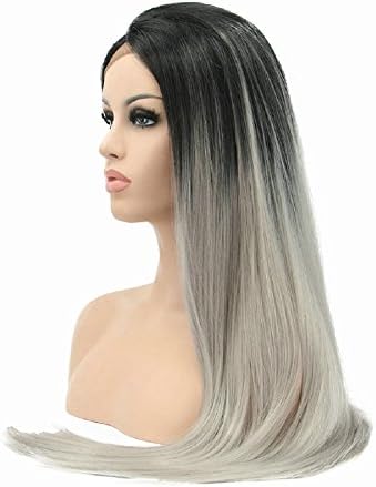 24Inches Ombre Black Grey Synthetic Lace Front Wigs for Women 1B Ombre Silver Grey Hair Wigs Long Straight Women Daily Use Wigs Middle Part Best Affordable Wig