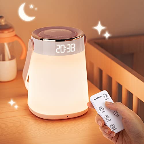 ALACRIS Nachttischlampe, LED-Nachtlicht mit Wecker, Temperatursensor, Timing und Fernbedienungstufenlos, dimmbar Stilllicht für Einschlafhilfe, Schlafzimmer und Kinderzimmer(Warmes Weiß)