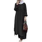 Women's Muslim 2 Pieces Sets Long Sleeve Button Down Shirt and Pants Abaya Casual Dress Dubai Outfits