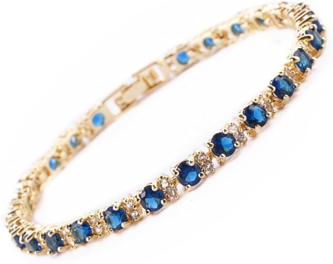 RIZILIA Eternity Tennis Bracelet [18cm/7inch] with Round Cut Gemstones CZ [Blue Sapphire] in 18K Yellow Gold Plated, Simple Modern Elegance — image 1