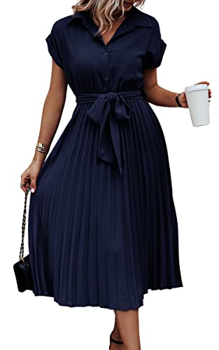 Asomi Sommerkleid Damen Hemdkleid Kurzarm: Elegant Kurzarm Strandkleid Büro Wickelkleid Mode Tasche Hemdblusenkleid Lässig Blusenkleid Midikleid Knopf Plisseekleid V-Ausschnitt Gürtel B-Dunkelblau L