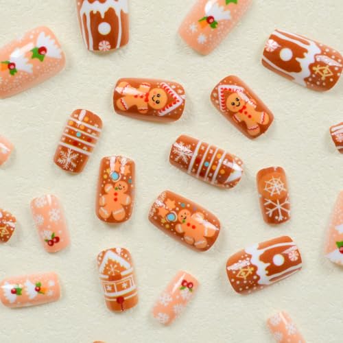 Christmas Cute Cartoon Nails Press on Nails Medium Square Fake Nails with Snowflake Candy Canes House Gingerbread Man Designs Acrylic False Nails Xmas Winter Glue on Nails for Women and Girls 24Pcs - Image 2