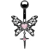 Zynova 14G Black Butterfly Cross Dangle Belly Button Rings for Women 316L Surgical Steel Belly Curved Barbell Pink CZ Crystal Belly Navel Rings Navel Piercing Jewelry